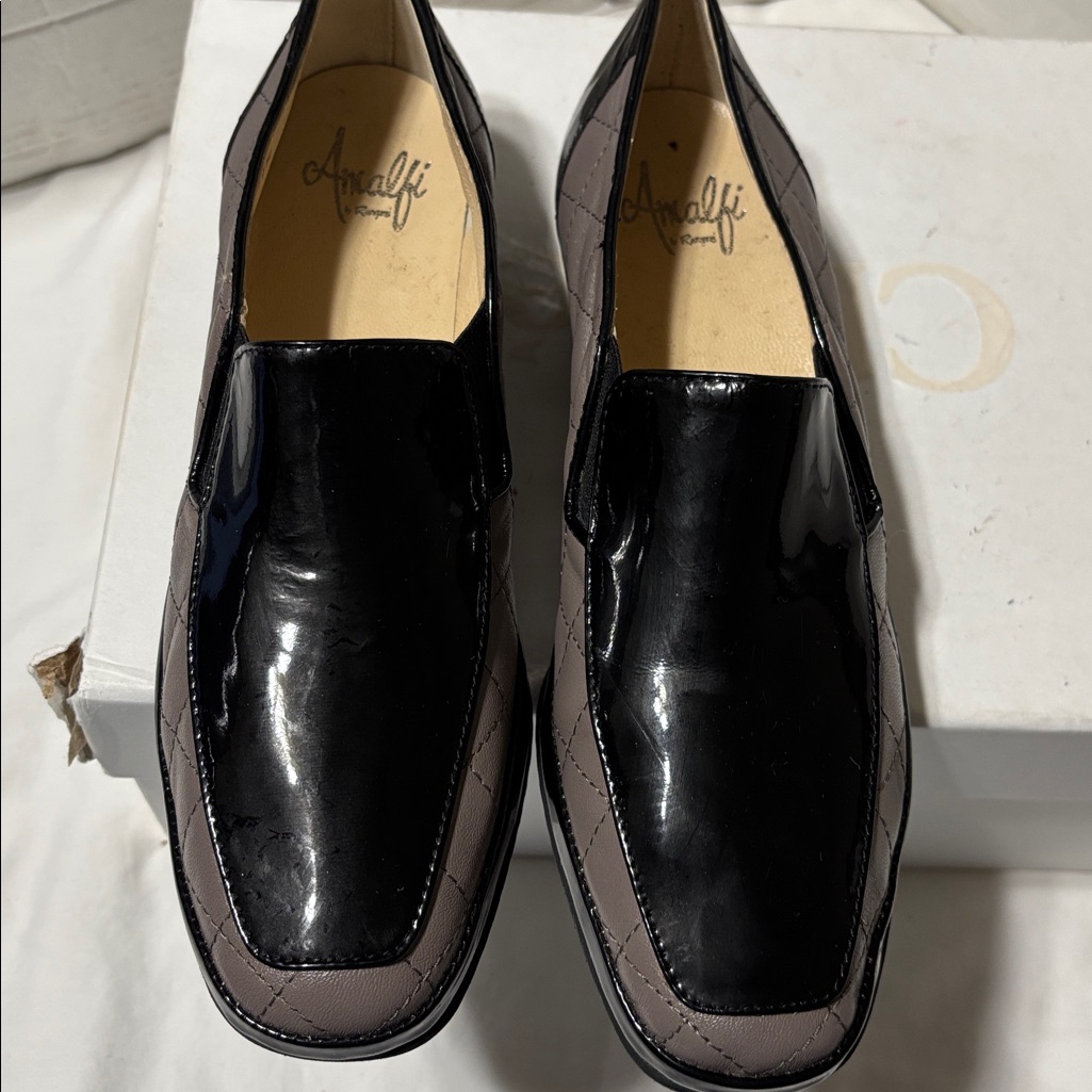 Amalfi Women's Leather/Patent Black And Gray Loafers. Made In Italy. Nwot